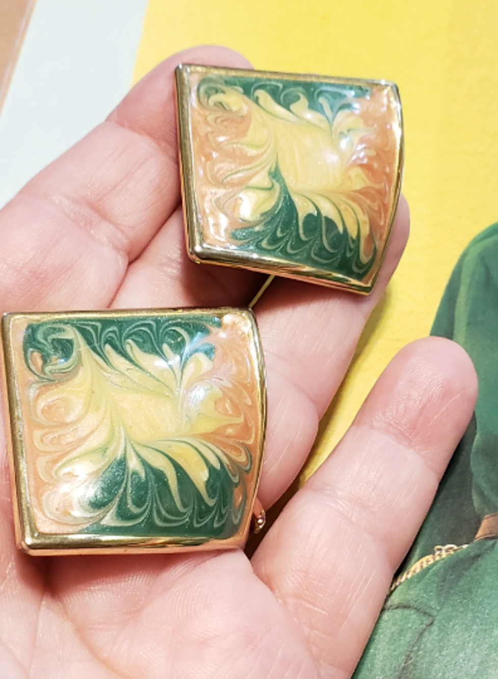 Vintage Enamel Pierced Earrings 1.5" Pink Green Geometric Posts bp-96